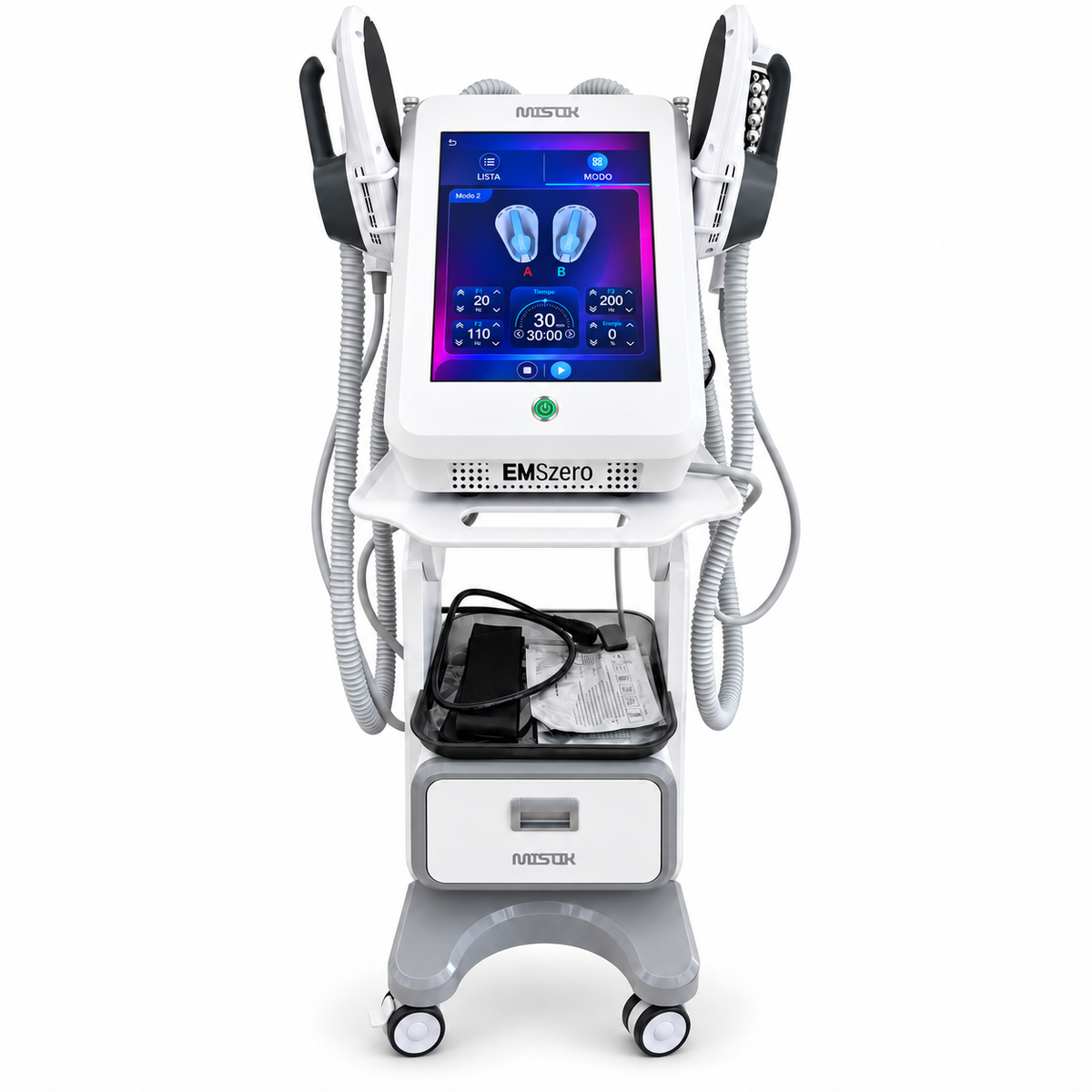 DUO BODY MAGNETIC & RF de MISTIK: vista frontal del equipo con carro y aplicadores