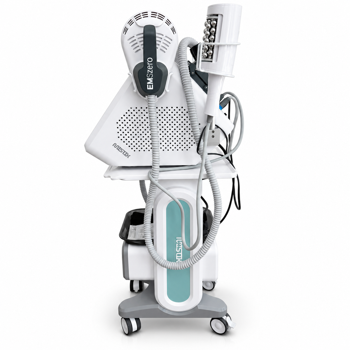 DUO BODY MAGNETIC & RF: Vista lateral de los aplicadores EMS y rodillo corporal