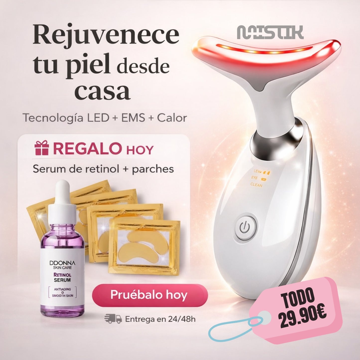 MASAJEADOR 7 COLORES FACIAL ANTIARRUGAS + SERUM RETINOL + PARCHES