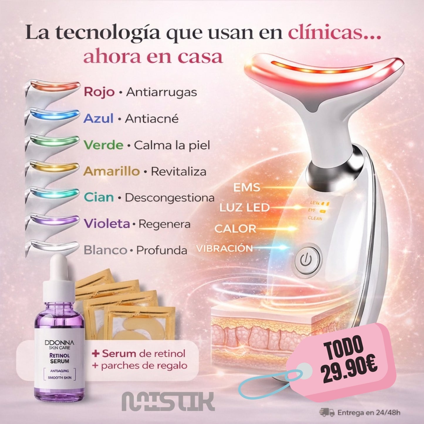 MASAJEADOR 7 COLORES FACIAL ANTIARRUGAS + SERUM RETINOL + PARCHES
